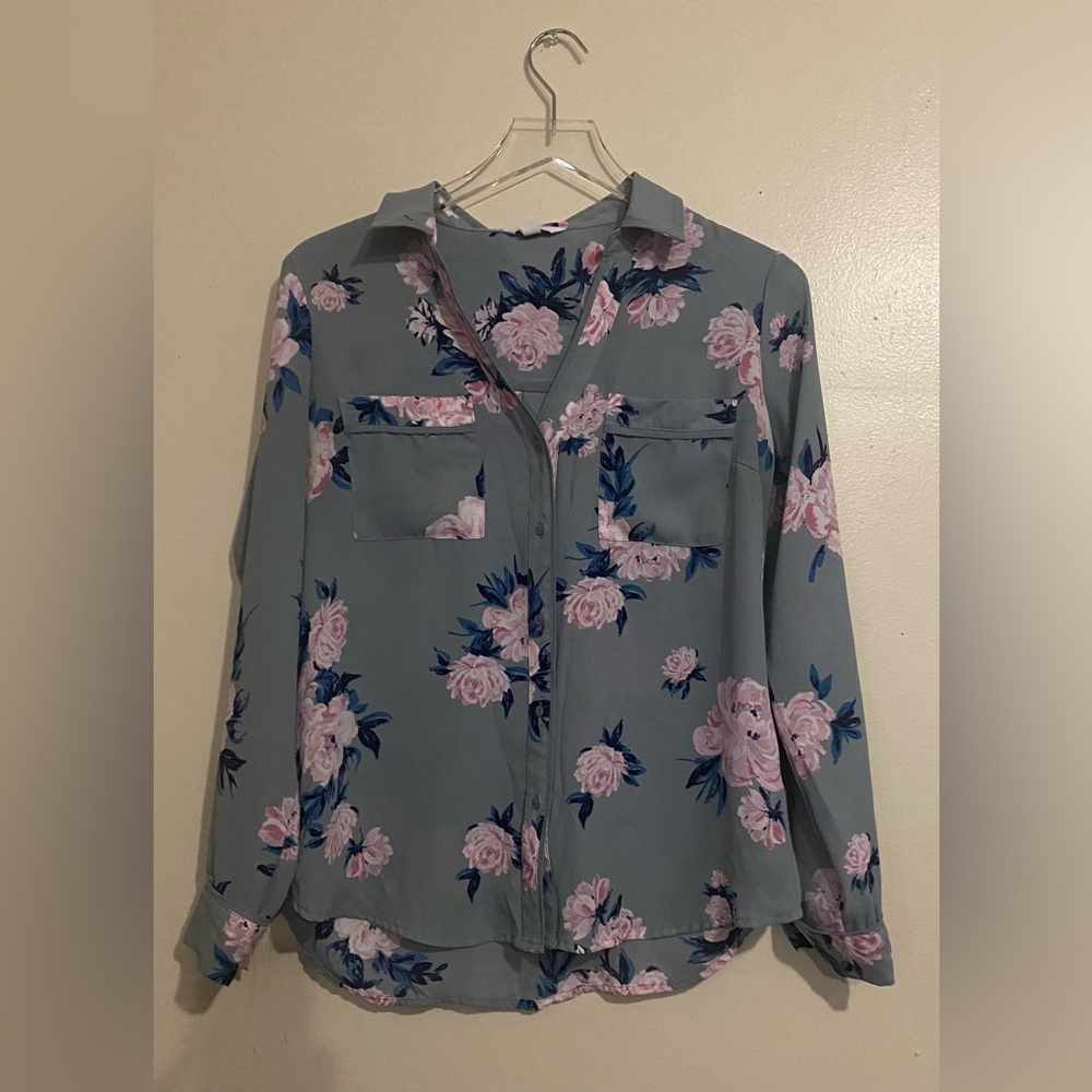 Blue and Pink Floral Bottom Down Shirt